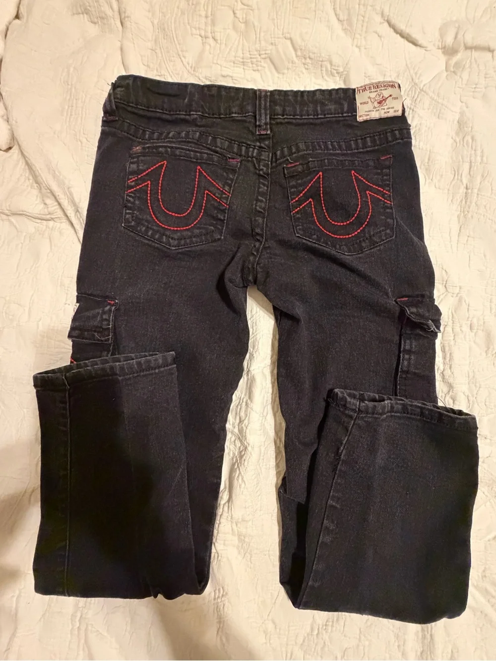 True Religion Kids Black Cargo Jeans with Red Stitching